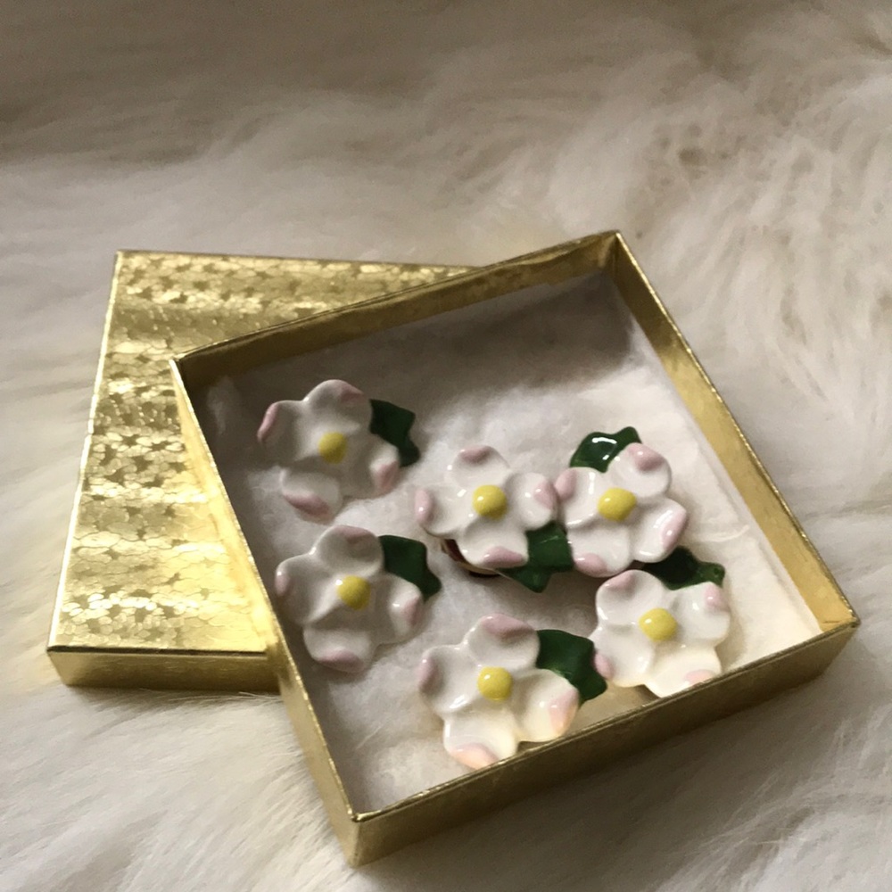 Sweet ceramic earrings and matching button covers.